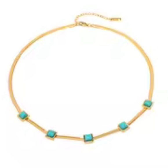 Turquoise Blue Stone Square Herringbone Necklace - Picture 10 of 17